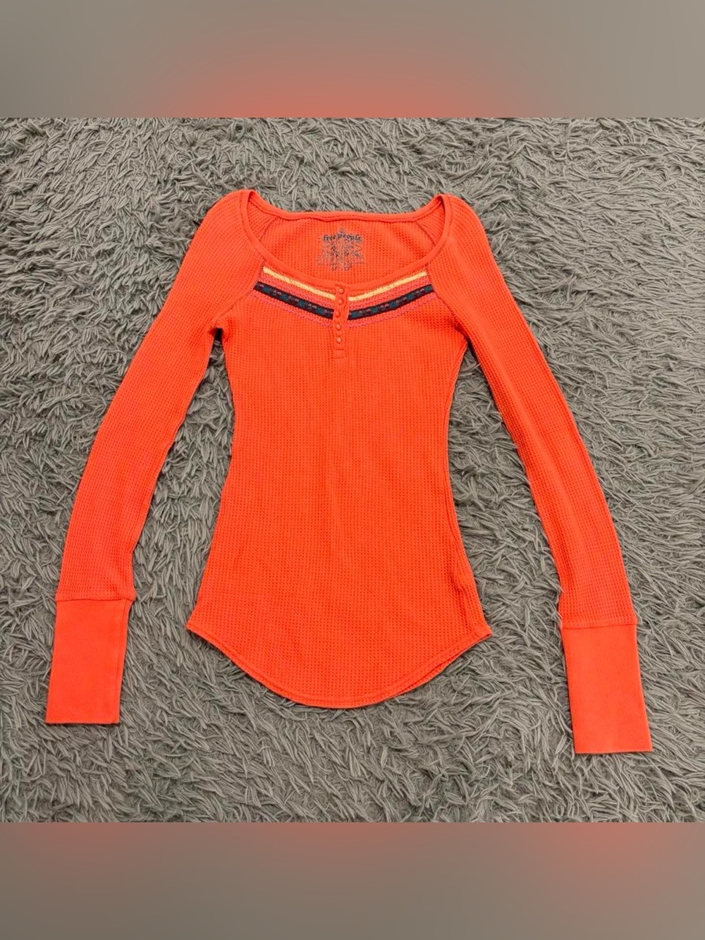 Free People Shirt Women’s Small Orange Waffle Thermal Henley Long Sleeve Top Y2K